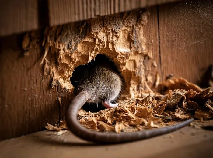 A rodent's tail emerging from a hole in wooden planks